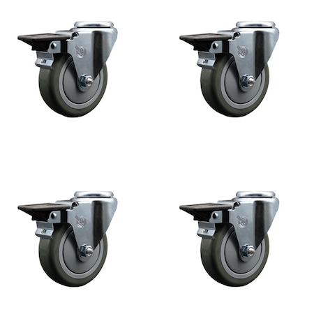 Service Caster 4'' Gray Poly Wheel Swivel Bolt Hole Caster Set with Posi Lock Brakes, 4PK SCC-BH20S414-PPUB-PLB-4
